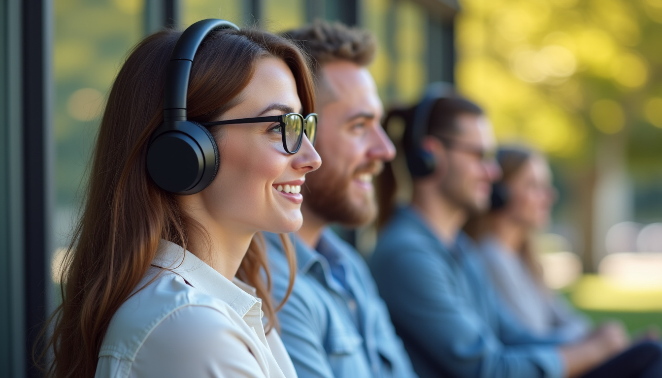 Écoute de podcasts marketing via écouteurs pendant une séance de travail en extérieur