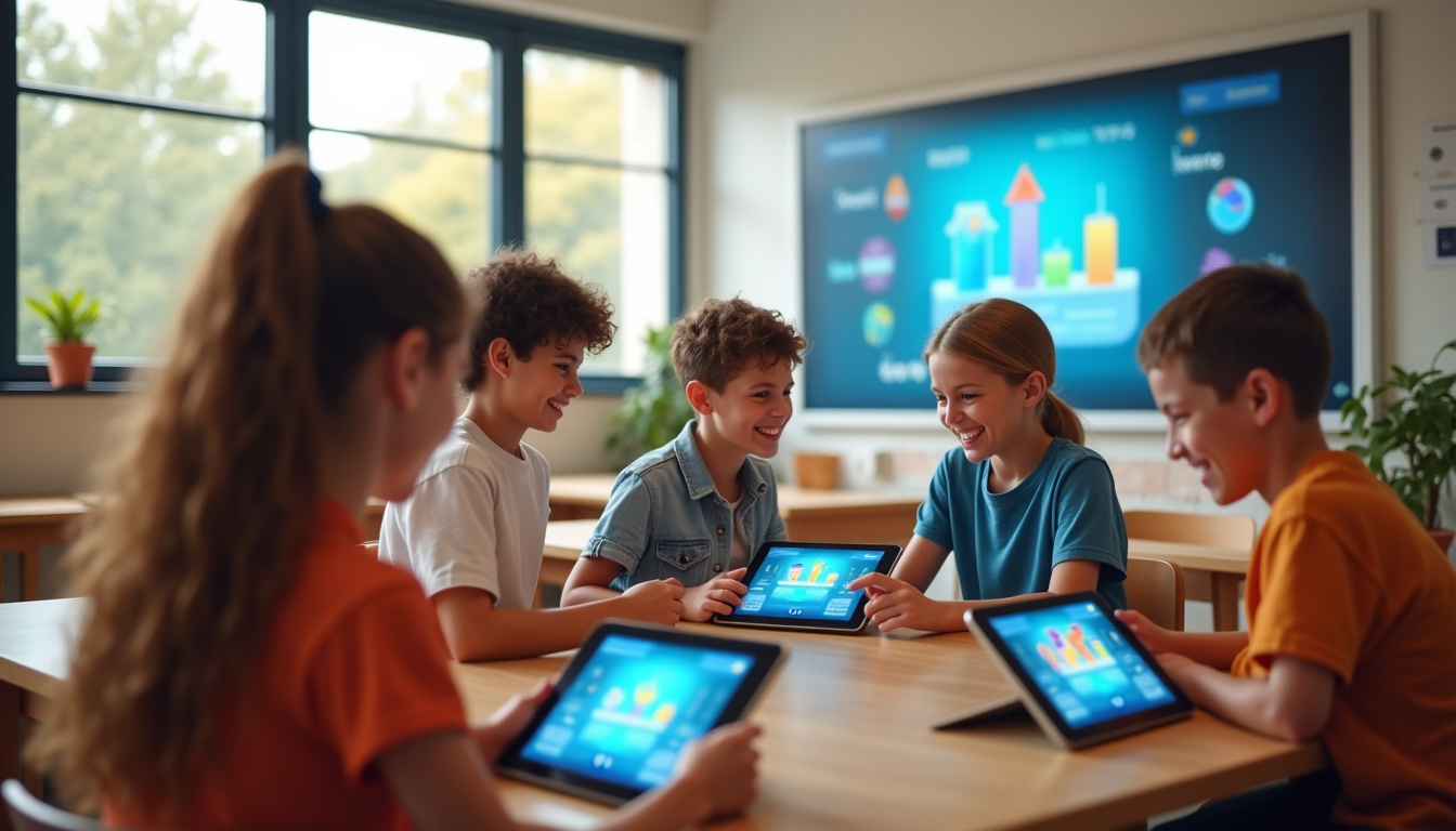 Élèves utilisant des tablettes interactives dans une salle de classe moderne pour un exercice gamifié