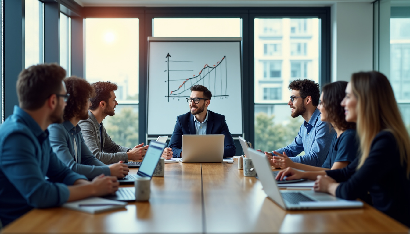 Équipe de professionnels en réunion stratégique autour d