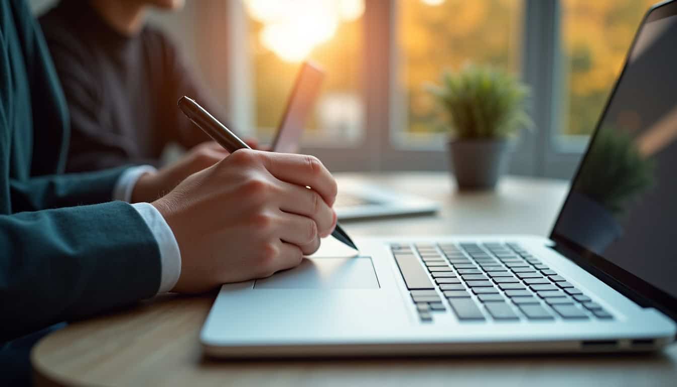 Illustration d’un rédacteur intégrant naturellement des mots de transition dans un texte fluide