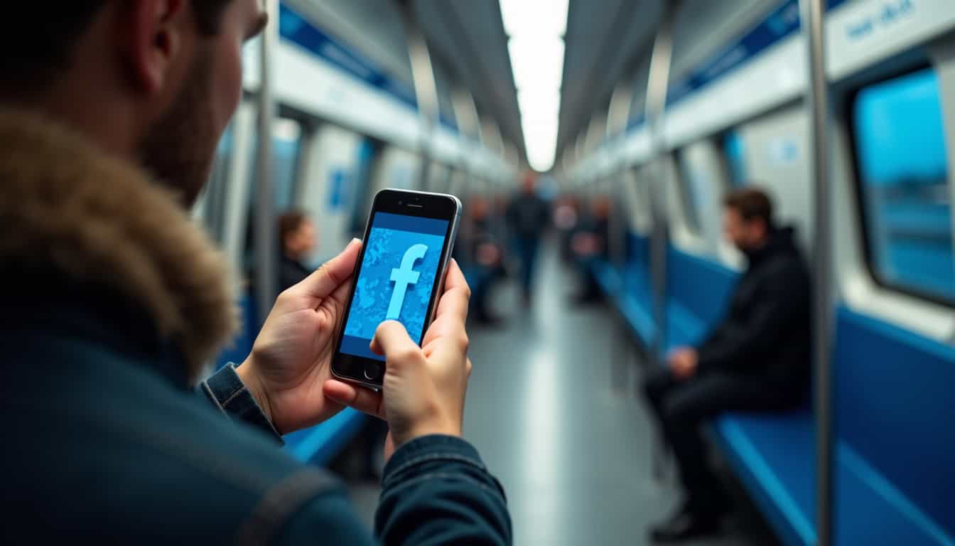 Personne consulte son smartphone dans le métro de Marseille, visionnant une vidéo Facebook sans le son