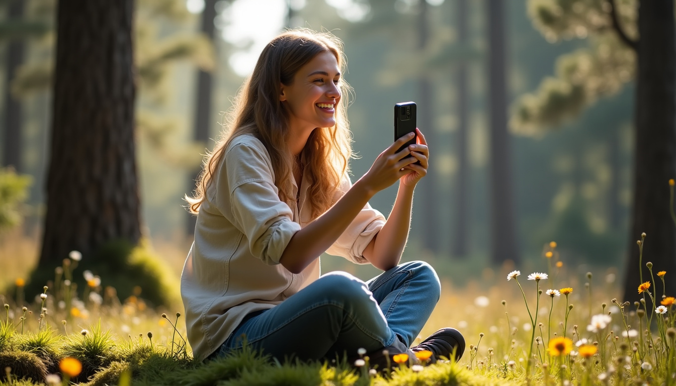 Créateur de contenu tournant une vidéo TikTok sans filtre, montrant une scène de la vie réelle dans un cadre naturel