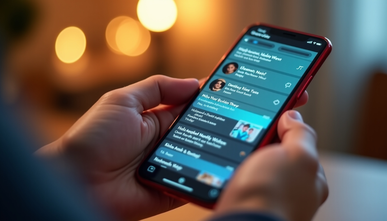 Utilisateur consultant TikTok sur smartphone pour chercher des tutoriels, avec interface montrant des résultats de recherche et des hashtags
