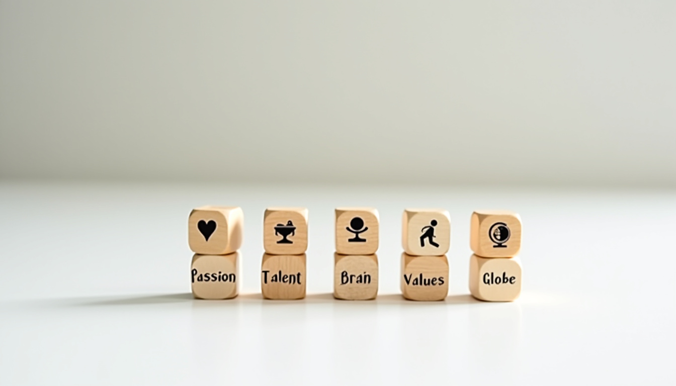 Diagramme illustrant les éléments clés d’un positionnement unique en personal branding: valeurs, passions, talents, marché