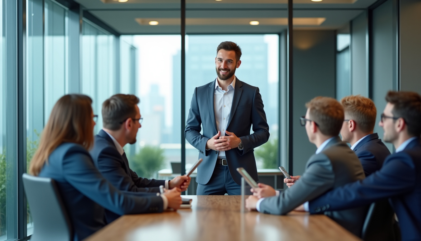 Échange stratégique entre un Chief Marketing Officer et le comité de direction dans un cadre professionnel moderne