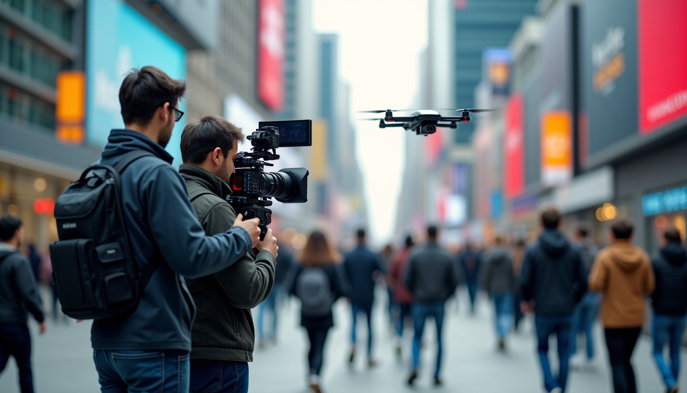 Équipe en train de filmer une action de street marketing avec caméra professionnelle et drone en arrière-plan