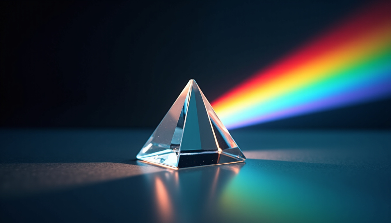 Expérience de décomposition de la lumière blanche à travers un prisme triangulaire en verre, formant un spectre coloré sur un fond sombre