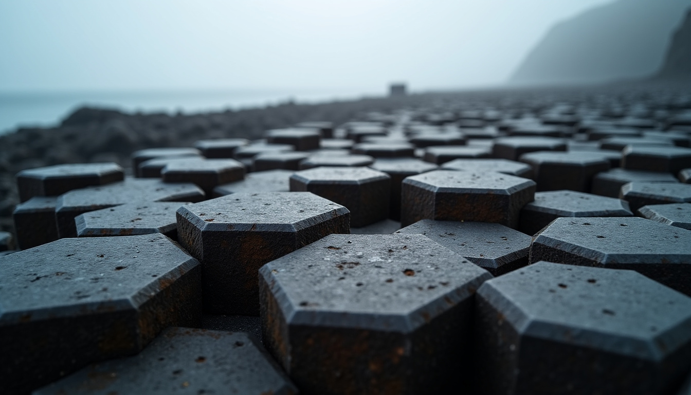 Formation naturelle de colonnes basaltiques hexagonales, illustrant des prismes géants formés par le refroidissement de la lave