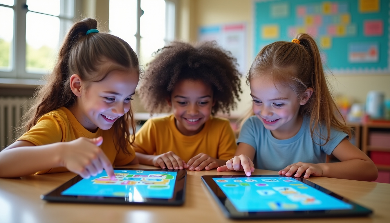 Élèves utilisant des tablettes interactives dans une salle de classe moderne pour un exercice gamifié