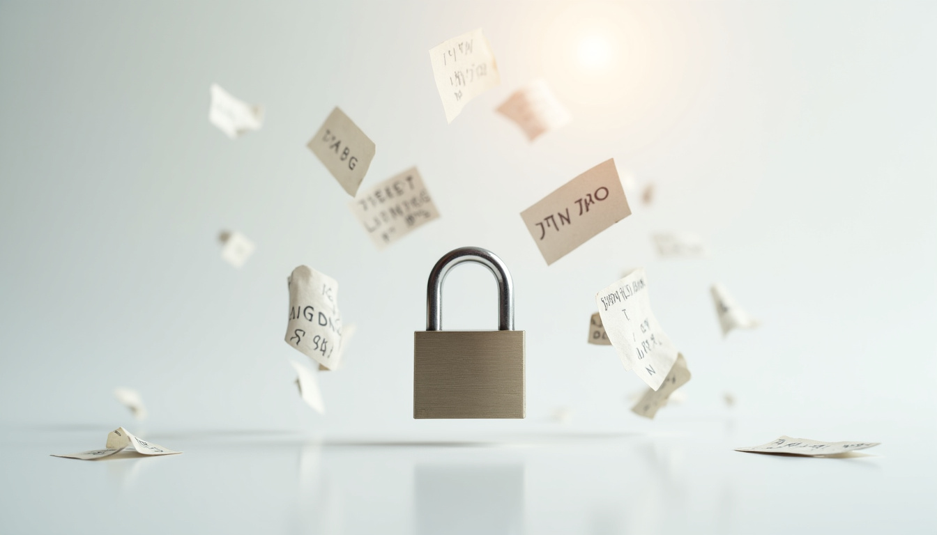 Illustration de confidentialité avec cadenas et mots flottants autour d