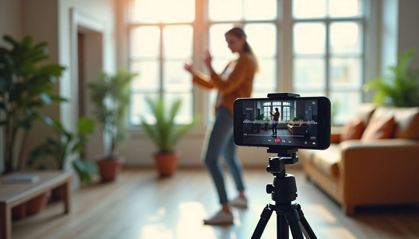 Créateur utilisant un smartphone pour filmer un Reel Instagram en suivant une tendance musicale populaire en 2026