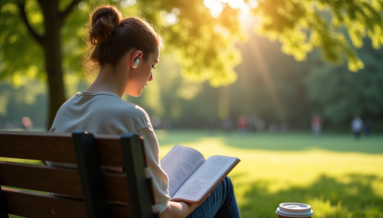 Écoute de podcasts marketing via écouteurs pendant une séance de travail en extérieur