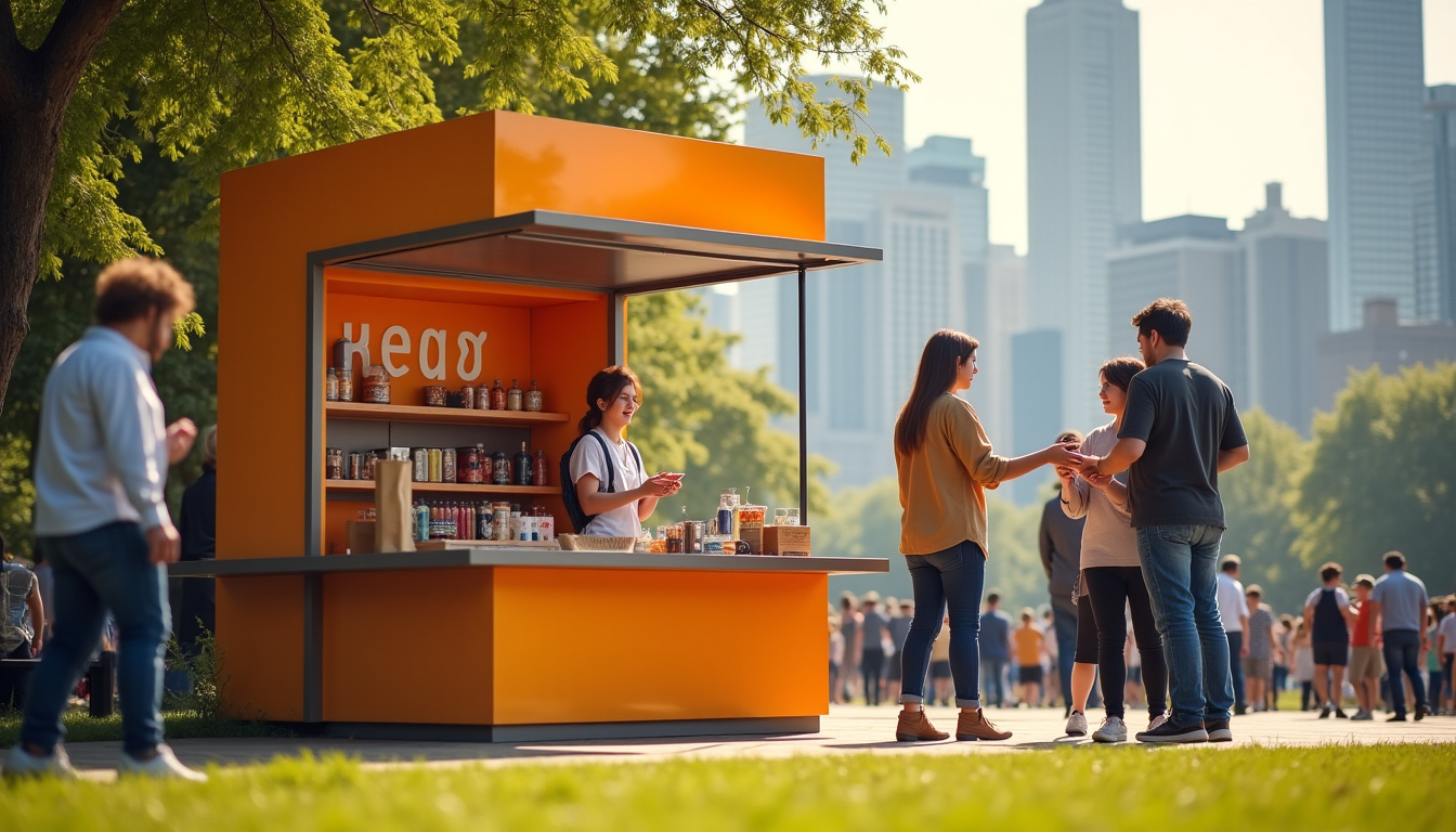 Pop-up store éphémère en plein air avec branding visible et interaction client en cours