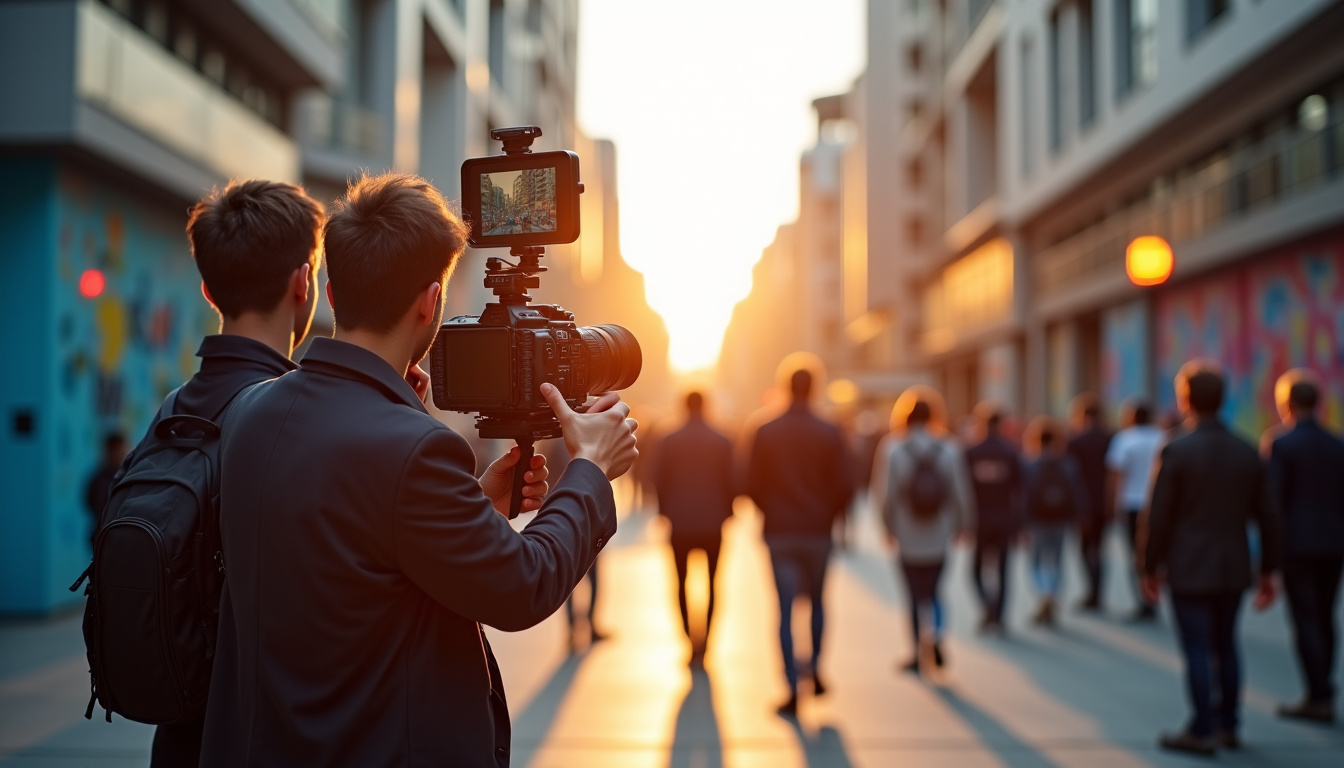 Équipe en train de filmer une action de street marketing avec caméra professionnelle et drone en arrière-plan