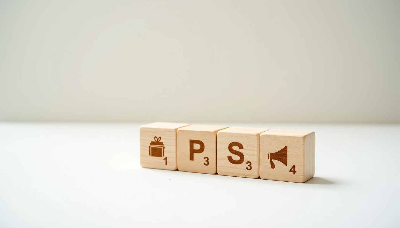 Schéma explicatif des 4 P du marketing mix: Produit, Prix, Place, Promotion sous forme de diagramme visuel