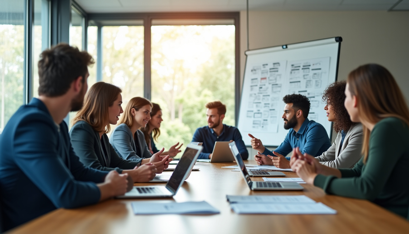 Équipe de professionnels en réunion stratégique autour d'une table avec des graphiques et des tablettes