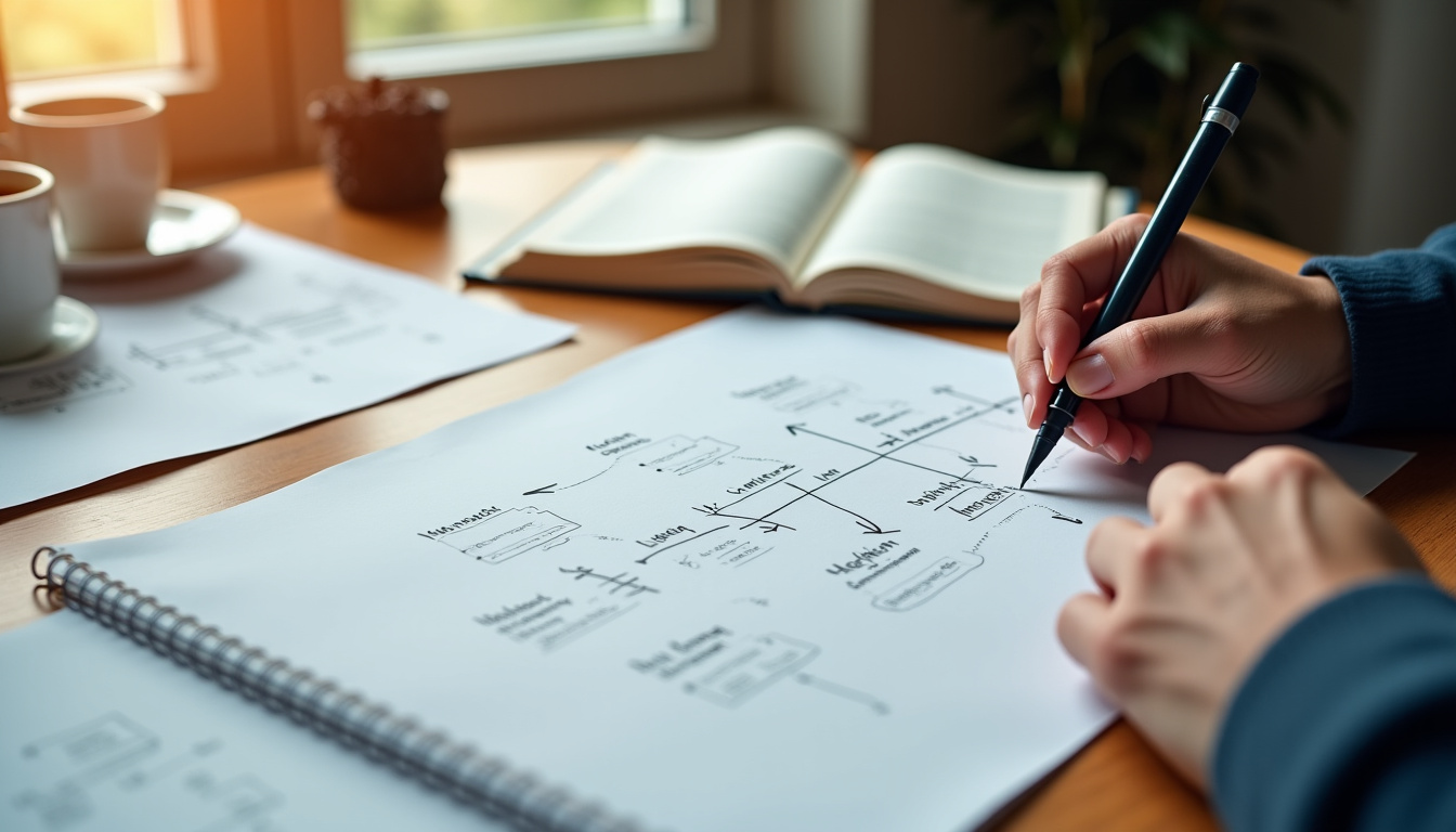 Personne en train de structurer une histoire sur papier autour d