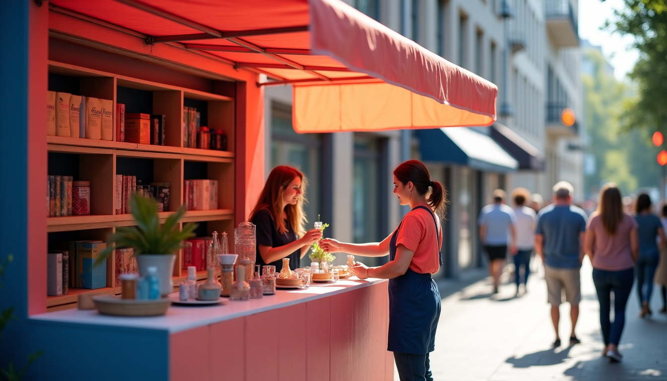 Pop-up store éphémère en plein air avec branding visible et interaction client en cours