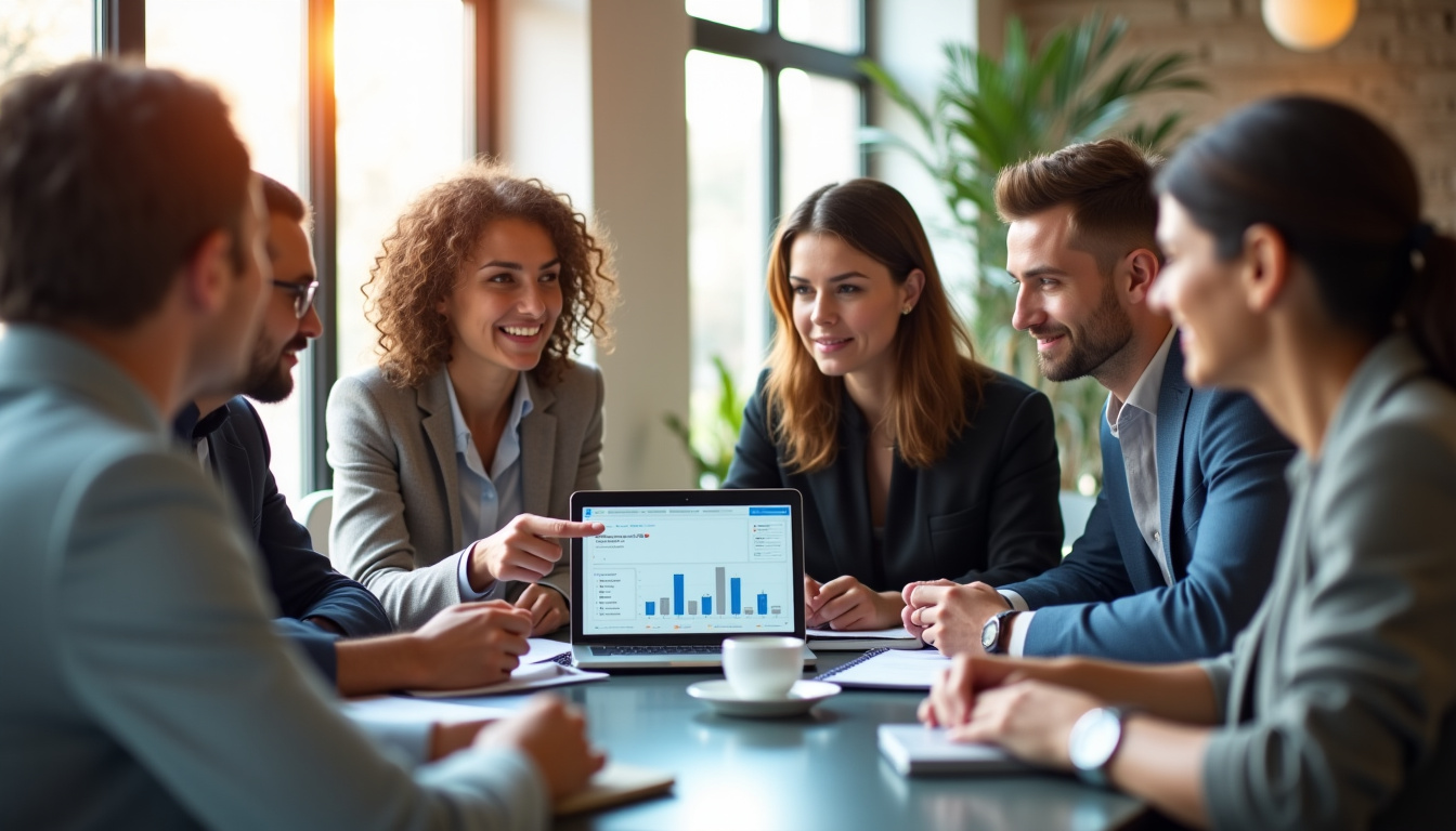 Réunion stratégique entre une équipe d’agence d’influenceurs et un client pour définir les objectifs de campagne