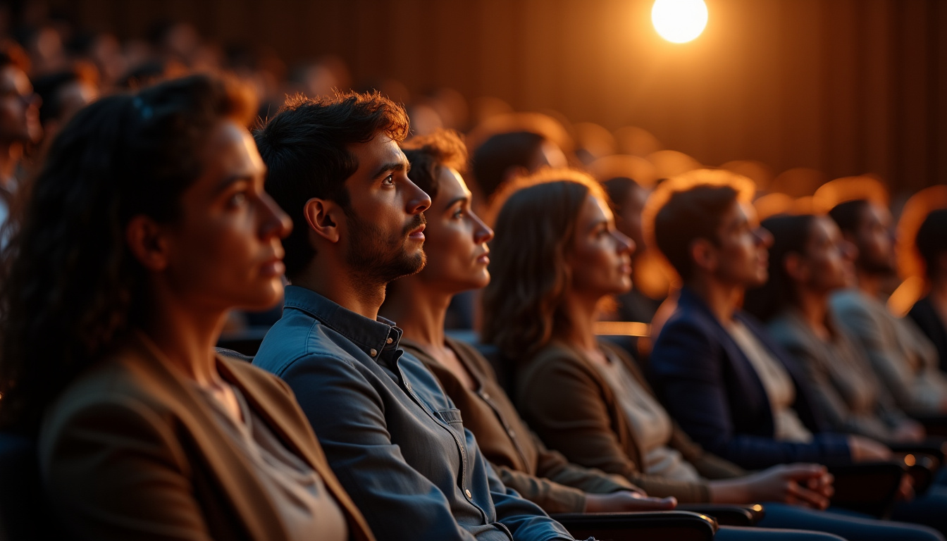 Public attentif lors d'une présentation narrative en salle de conférence