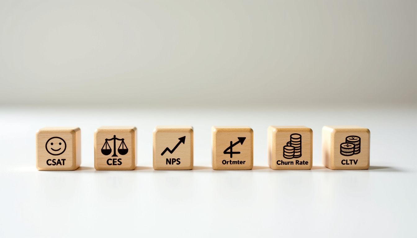 Tableau comparatif illustrant les différents indicateurs de satisfaction client: NPS, CSAT, CES, Churn Rate et CLTV