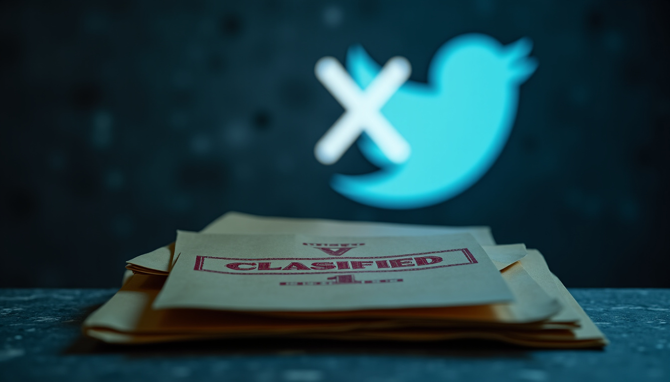 Représentation symbolique des Twitter Files avec des documents classifiés et un logo X (ancien Twitter) en arrière-plan