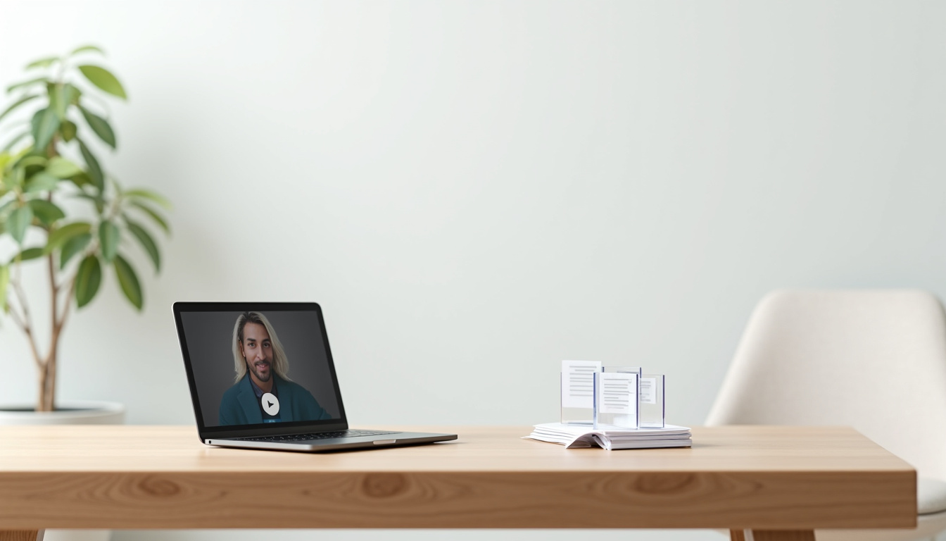 Assistante virtuelle en vidéoconférence depuis son bureau à domicile, écran partagé, documents numériques