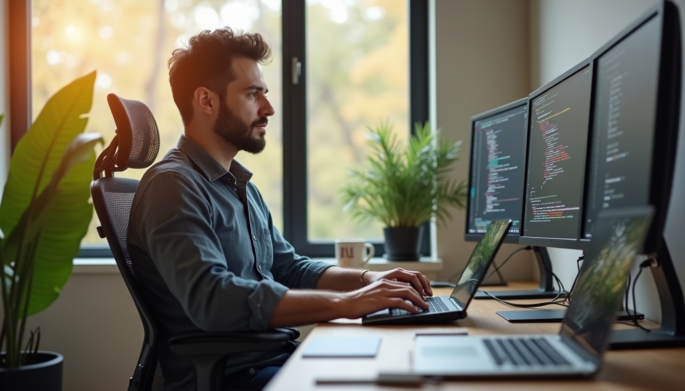 Développeur web en train de travailler depuis un bureau à domicile, écrans multiples, ambiance calme