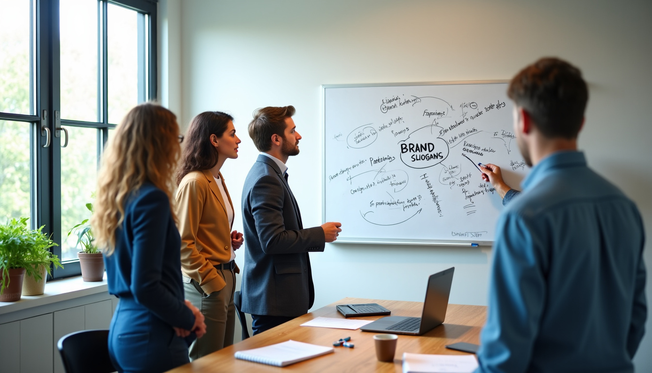 Équipe en réunion autour d’un tableau blanc pour élaborer une baseline de marque