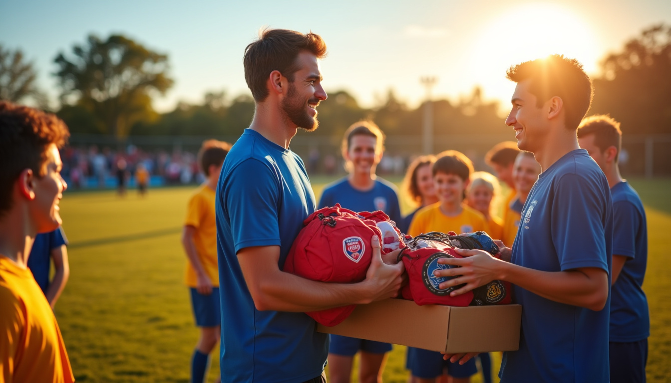 Illustration d’un sponsor qui remet des équipements sportifs à une équipe locale