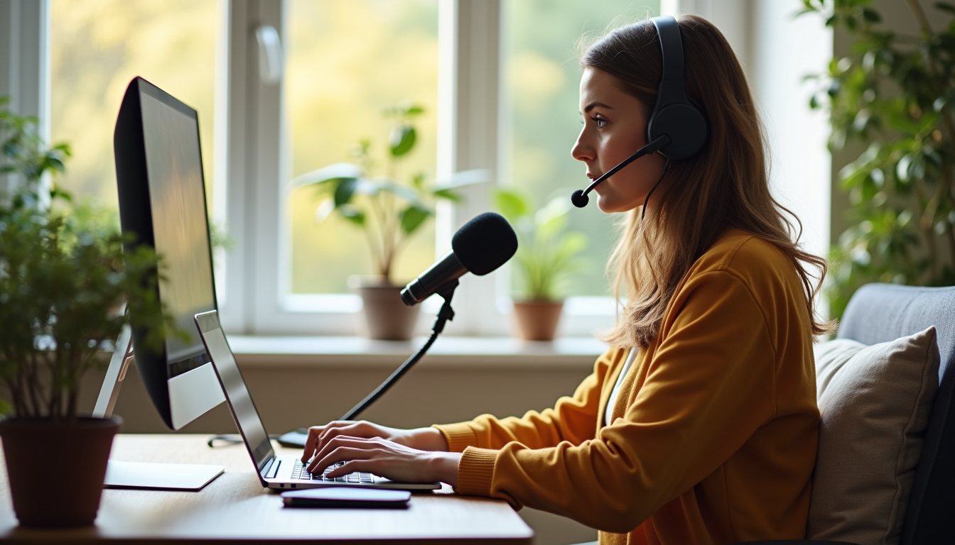 Téléconseiller en train de répondre à un client depuis son domicile, casque audio, écran d’ordinateur